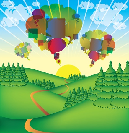 cute countryside illustration with abstract bubblesのイラスト素材
