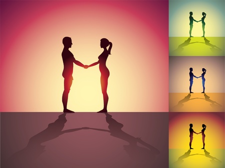 set of naked man and woman holding hands - silhouette illustrationのイラスト素材