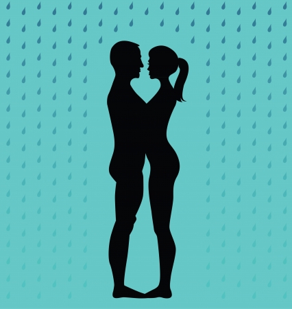 silhouette of young couple standing in the rain - illustrationのイラスト素材