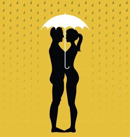silhouette of young couple under an umbrella, standing in the rain - illustrationのイラスト素材