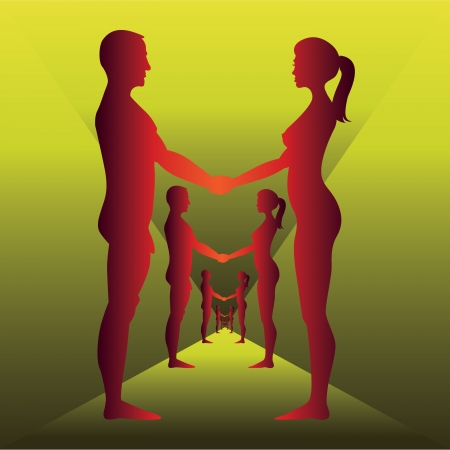 Naked men and women holding by hands - silhouette illustrationのイラスト素材