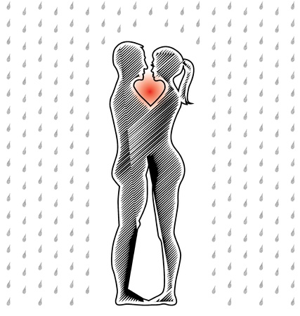 silhouette of young couple standing in the rain - illustrationのイラスト素材