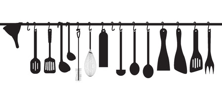A collection kitchen utensils hanging on the chromed bar. Illustrationのイラスト素材