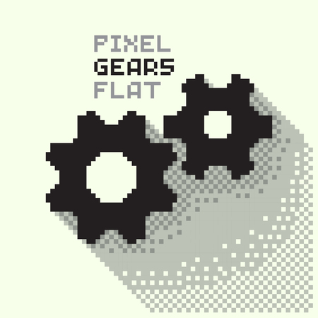 Pixel gears, cogwheels in a flat design, pixelated illustration. - Stock vector