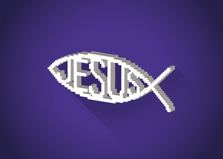 3d isometric pixelated christian fish symbol (Jesus) in a flat design, illustrationのイラスト素材