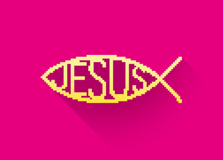 Pixelated christian fish symbol (jesus) in a flat design, illustrationのイラスト素材