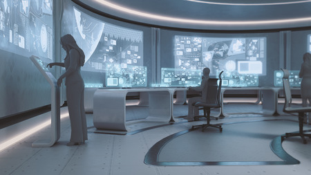 3D rendered modern, futuristic command center interior with people silhouettes