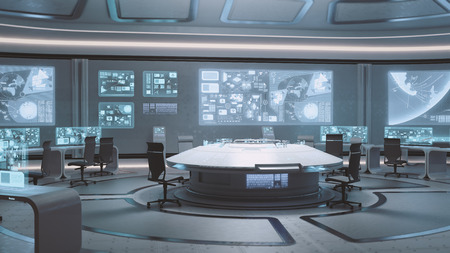 3d Rendered Empty Modern Futuristic Interior Command Center 写真素材 イラスト 素材ならペイレスイメージズ