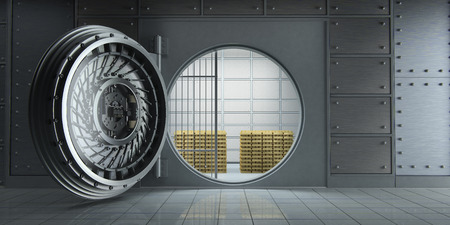 3d rendering of an opened huge bank vault full of gold bars front viewの写真素材
