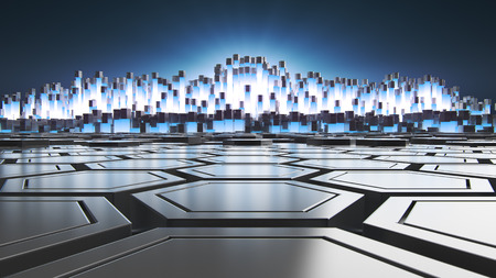 Abstract 3D rendering of a futuristic surface with hexagons. Reactor radioactive elements. Sci-fi...