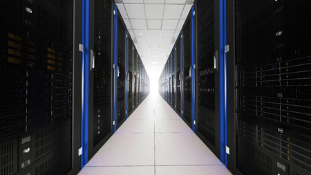 Inside the server room long tunnel with a bright end