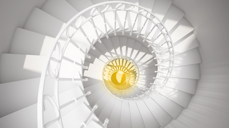 White spiral stairs in sun light and yellow center Abstract