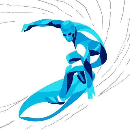 Trendy stylized illustration movement, surfer, line vector silhouetteのイラスト素材