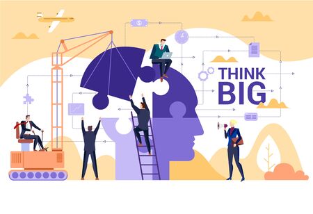Concept Flat illustration. Business people team building a puzzle in the form of a head. Think big word.のイラスト素材
