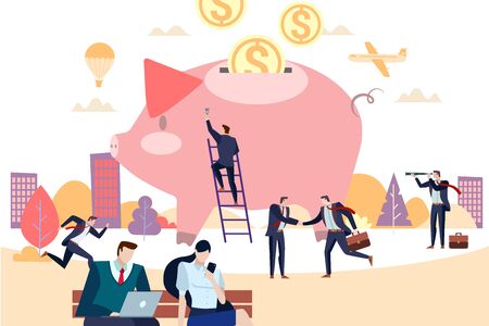 Concept Flat illustration. Big piggybank with coins in the city.のイラスト素材
