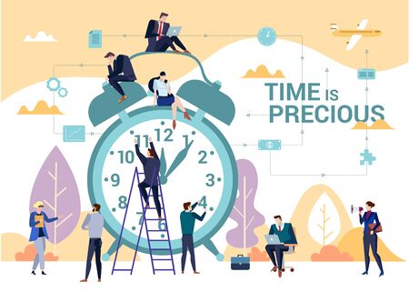 The importance of time in business concept flat vector illustration with people gathered around classic alarm clock. Task management and productivity theme with Time is Precious words.