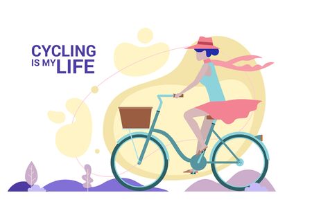 Concept Flat illustration. Woman enjoying cycling her green bicycle in summer, riding with high speed down the road in nature landscape or park. Cycling is my life words.のイラスト素材