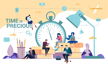 Time management, efficiency, productivity, deadlines, study and careers concept with diverse business people typing on laptops on stacked books on a desk in front of an alarm clock and lampのイラスト素材