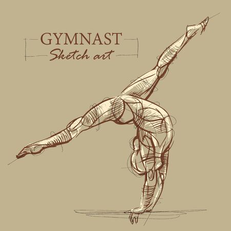 Brown toned modern stylized sketch of a curly gymnastics, acrobatics with a muscular body, vector illustrationのイラスト素材