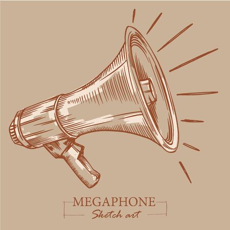 Brown toned modern stylized sketch of megaphone. Loudspeaker for announcements, bullhorn sketch news or public attentionのイラスト素材