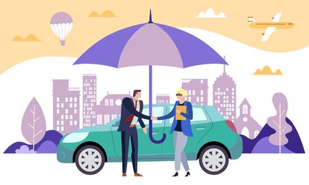 Safe car concept carrying comprehensive document with the vehicle owner and broker shaking hands under an umbrella which also covers the car in a city street, vector illustrationのイラスト素材