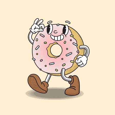 Retro cartoon style, a donut drawn in the style of old cartoons, goes to meetのイラスト素材