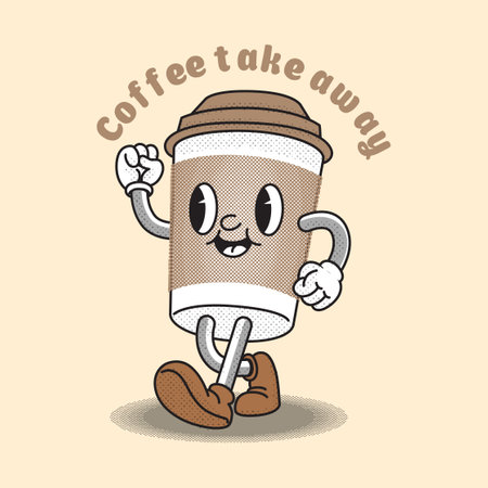Retro cartoon style, a cup of coffee to go drawn in the style of old cartoons goes to a meetingのイラスト素材