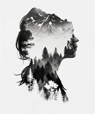 Abstract silhouette of a female face. ink effect Forest background. Double exposure illustration.Woman's face and beautiful natural landscape inside made with Generative AIの素材