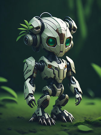Robot on the green grass. 3d illustration. Render.の素材