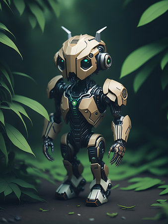 3D rendering of a robot in the jungle with green leaves.の素材