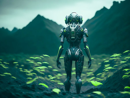 3D rendering of a female robot in the steppe with green plantsの素材