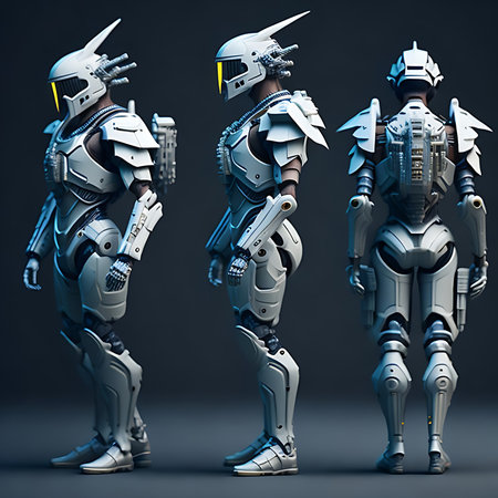3D render of a female robot isolated on a dark background.の素材
