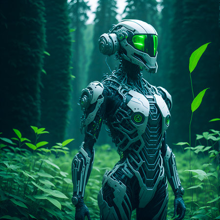 3D rendering of a female robot in deep green forest. Futuristic technology concept.の素材