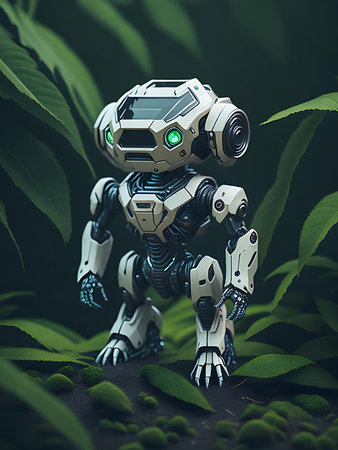 Cyborg in the dark forest. 3D illustration. Fantasy.の素材