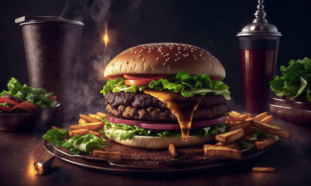 Delicious cheeseburger with fresh vegetables on a dark background.の素材