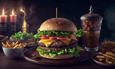 Cheese burger - American cheese burger with fresh salad and french friesの素材
