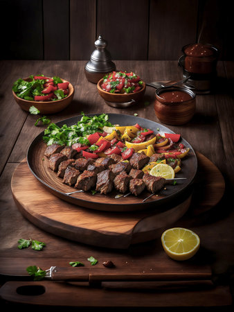 beef shish kebab with vegetables on a wooden backgroundの素材