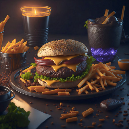 Hamburger with beef, cheese, tomato, lettuce and pickles. 3d renderingの素材