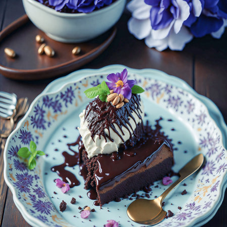 Chocolate cake with ice cream and almonds on a blue background.の素材