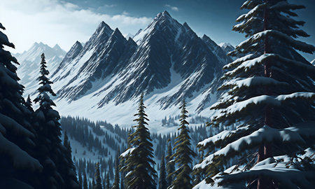 Snowy mountains and coniferous forest. 3D illustration.の素材