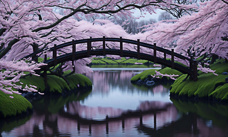 Cherry blossoms and bridge in the Japanese garden, Tokyo, Japanの素材