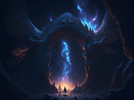 3D illustration of a fantasy landscape with a pair of angels.の素材