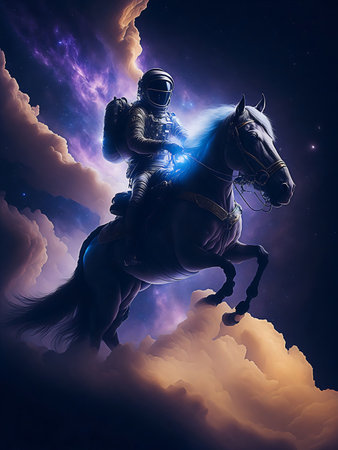 Astronaut riding a horse in the night sky. 3d renderingの素材