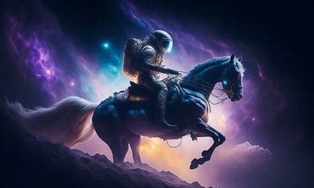 Astronaut on horseback. Fantasy and fairy tale. 3D rendering.の素材