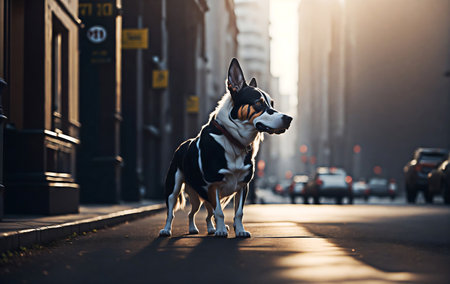 Portrait of a black and white dog standing in the city streetの素材