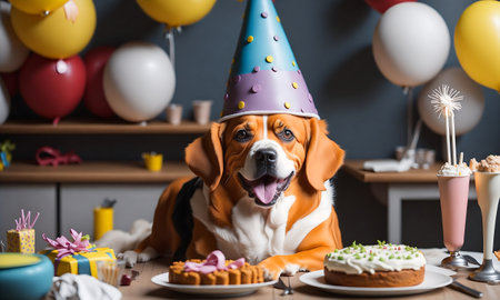 cute dog in birthday cap with cake on table at birthday partyの素材