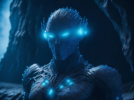 3d rendering of a female cyborg with blue light in the darkの素材