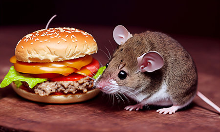 mouse and hamburger on a wooden background. concept of fast foodの素材