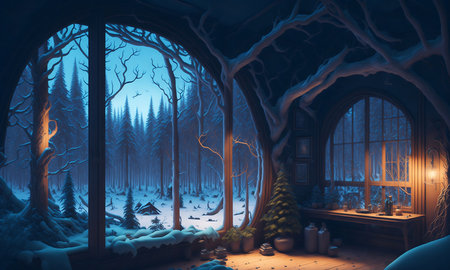 3d illustration of a fantasy winter forest with a window and an open doorの素材