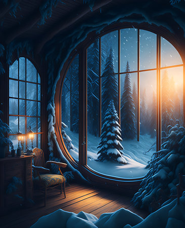 Winter night in the window with a view of the snowy forest. 3d renderingの素材